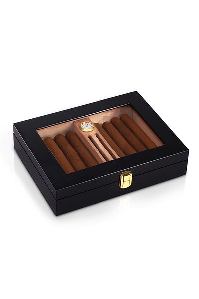 OEM Cedar Cigar Humidor With Humidifier, Hygrometer And Glass Lid For 10-15 Cigars, Black