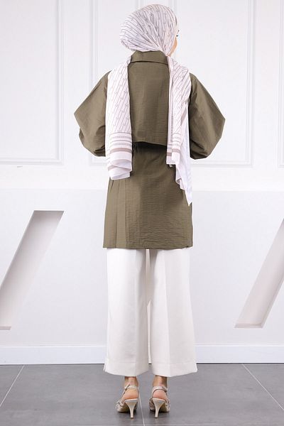 İmajButik Khaki Double Breasted Collar Stone Front Jacket