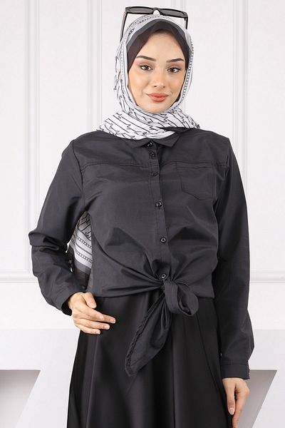 İmajButik Μαύρο πουκάμισο με μονή τσέπη με γραβάτα μπροστά