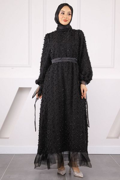 İmajButik Βραδινό φόρεμα με μαύρο μανίκι με ζώνη