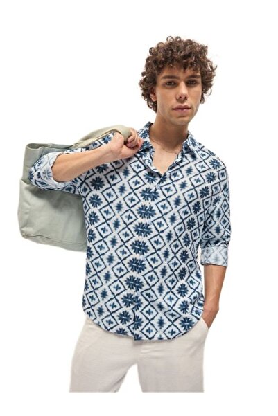 The Bear House قميص رجالي مريح بطباعة هندسية مستوحاة من الإيكات باللون الأزرق...