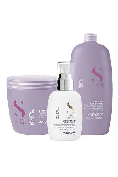 Alfaparf Milano Semi Di Lino Smoothing Set Shampoo 1000ml Mask 500ml, All-in-1 Fluid 125ml