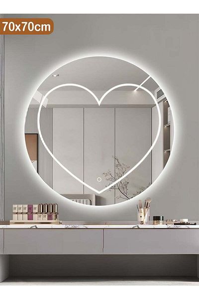 Taimi Heart Shaped Round Mirror with 3 Colors LED Light Wall Mounted Mirror for Bathroom Bedroom 70cm