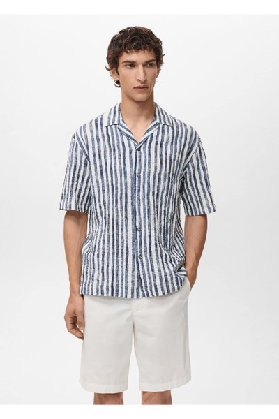 MANGO Man Kısa kollu çizgili pamuklu gömlek