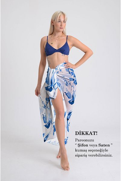 DESENİX Watercolor Blue Flowers Pattern Pareo - 100X145 cm - Silky Chiffon & Luxury Satin Fabric Option