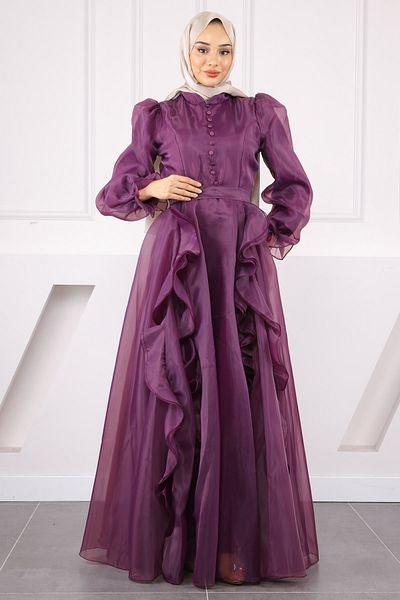 İmajButik Βραδινό φόρεμα με μωβ μανίκια με μπαλόνι