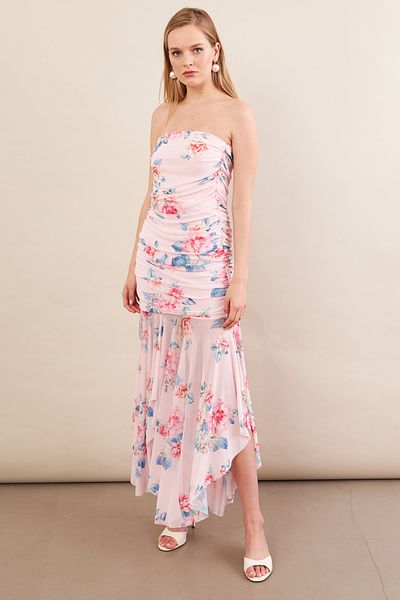 Cool & Sexy Women's Powder Draped Strapless Midi Tulle Dress Erl101