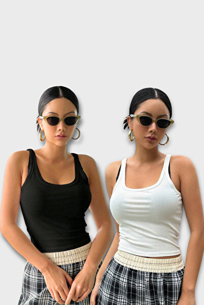 MADALİNA Women's 2 Pack Black and White Wide Strap Blouse