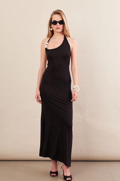 Cool & Sexy Women's Black Pearl Accessory Maxi Dress Ey3105