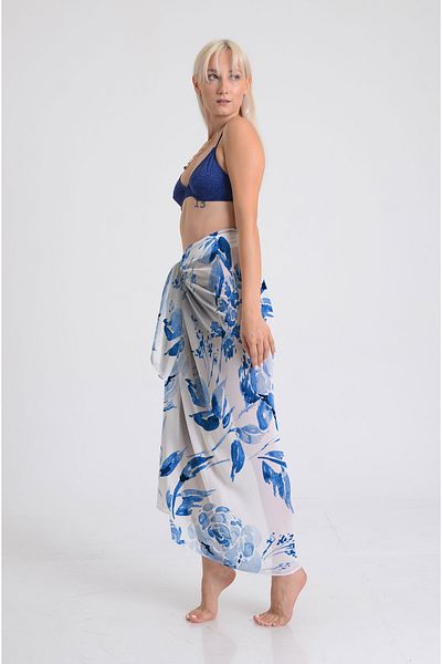 DESENİX Watercolor Blue Flowers Pattern Pareo - 100X145 cm - Silky Chiffon & Luxury Satin Fabric Option