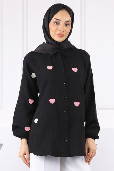 İmajButik Πουκάμισο από λινό μαύρο καρδιές