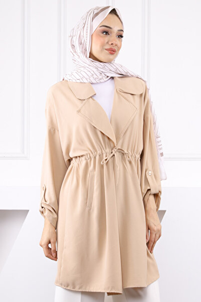 İmajButik Beige Double Breasted Collar Shirred Jacket
