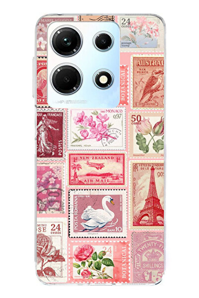 TechTree İnfinix Note 30 Uyumlu Pembe Posta Pulları Şeffaf Silikon Kılıf