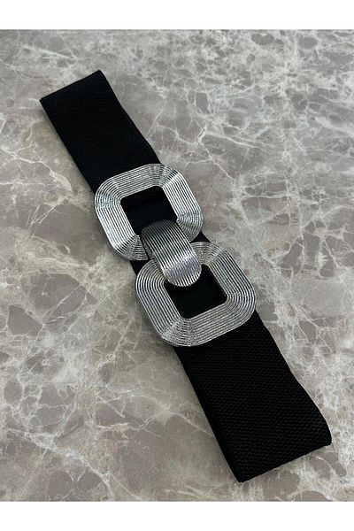 MELTEM TUĞAN Elastic Silver Buckle Belt Black