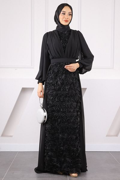 İmajButik Βραδινό φόρεμα μαύρο σιφόν τριαντάφυλλο
