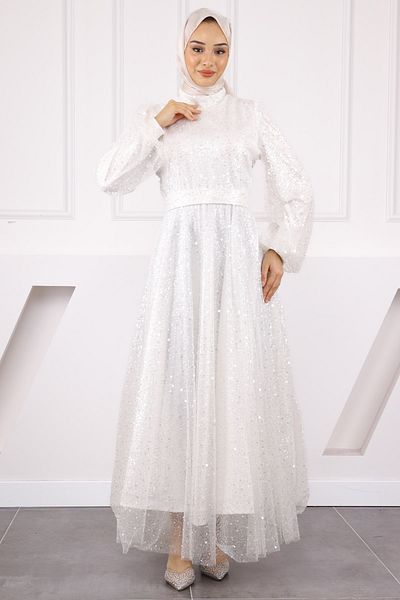 İmajButik Ecru Beaded Sequined Evening Dress