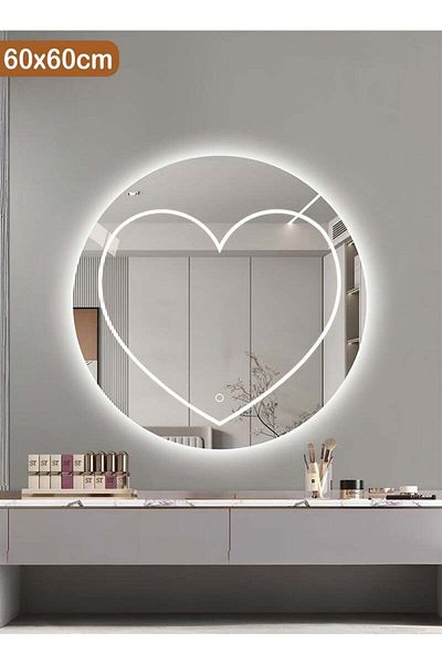 Taimi Heart Shaped Round Mirror with LED Light 3 Colors Light Makeup Mirror for Bathroom Bedroom 60cm