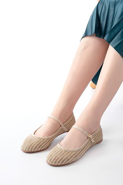 Moda Asmira 7432 Beige Mesh Buckle Detailed Daily Women's Ballerinas