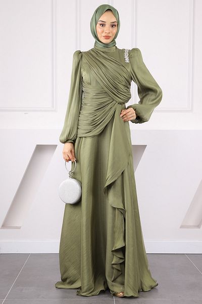 İmajButik Βραδινό φόρεμα από σιφόν με ντραπέ από πέτρα χακί