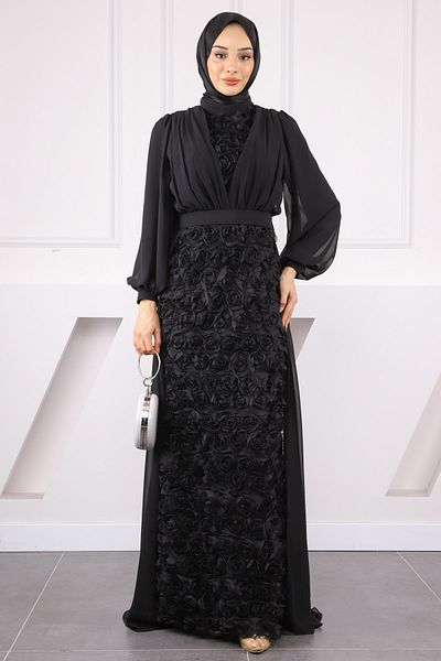 İmajButik Βραδινό φόρεμα μαύρο σιφόν τριαντάφυλλο