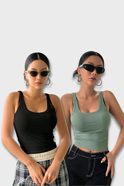 MADALİNA Women's 2 Pack Black Green Wide Strap Blouse