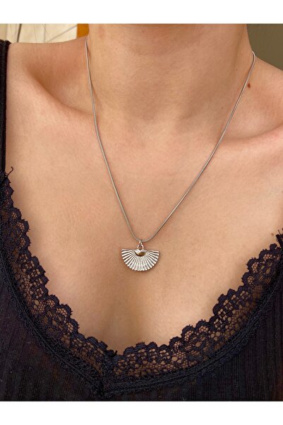 Arsaley Collection Gümüş yelpaze charm 45 cm çelik zincirli kolye