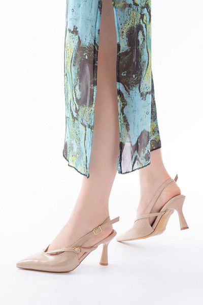 İNFON Infon 4962 Beige Pointed Toe Buckle Round Heel Women's Sandals