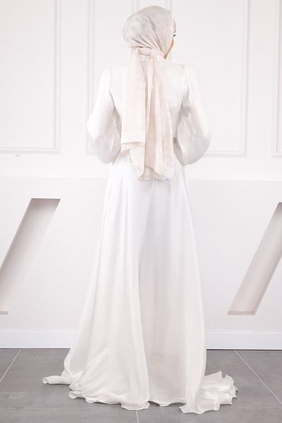 İmajButik Ecru Balloon Sleeve Front Draped Chiffon Evening Dress