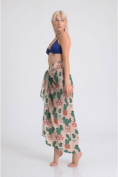 DESENİX Cactus Patterned Pareo in a Pot - 100X145 cm - Silky Chiffon & Luxury Satin Fabric Option-Beach Dress