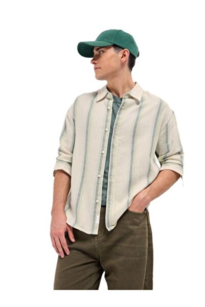 The Bear House قميص رجالي مريح مخطط كريمي اللون مناسب لكل المناسبات