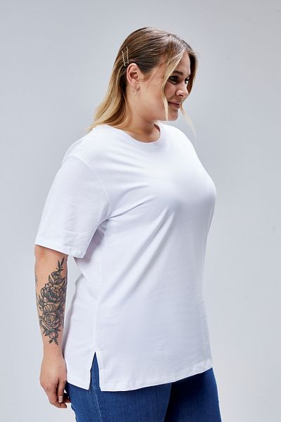 BANEGA Curve Plus Size White Boyfriend Crew Neck Slit Cotton Knitted T-Shirt