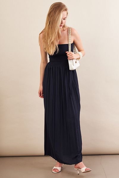 Cool & Sexy Rochie midi cu decolteu fără bretele albastru bleumarin pentru femei MSI100