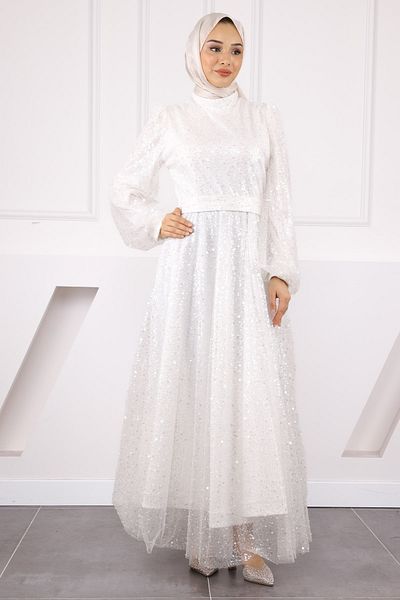 İmajButik Ecru Beaded Sequined Evening Dress