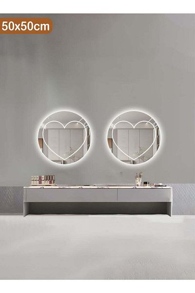 Taimi Set of 2 Heart Shaped Round Lighted Mirror with 3 Colors LED Lighting for Bathroom and Bedroom 50cm