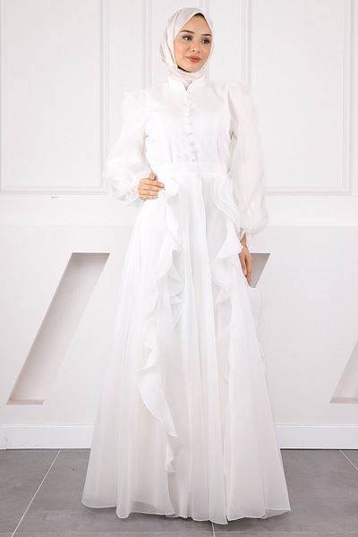 İmajButik Ecru Balloon Sleeve Organza Puffy Evening Dress