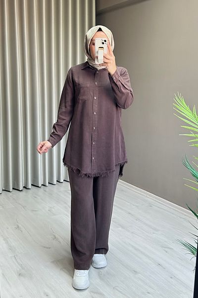 T Moda Store Premium υφασμάτινο πουκάμισο με λεπτομέρεια παντελόνι διπλό χιτζάμπ