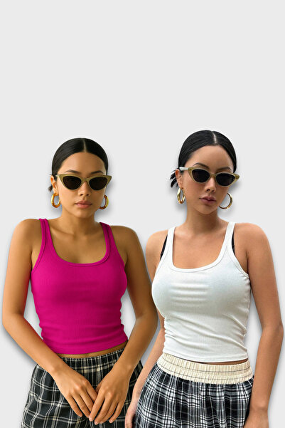 MADALİNA Women's 2 Pack White Fuchsia Wide Strap Blouse