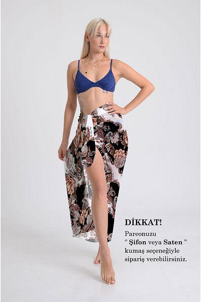 DESENİX Ethnic Flowers Pattern Pareo - 100X145 cm - Silky Chiffon & Luxury Satin Fabric Option - Beach Dress