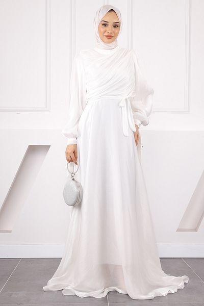 İmajButik Ecru Balloon Sleeve Front Draped Chiffon Evening Dress