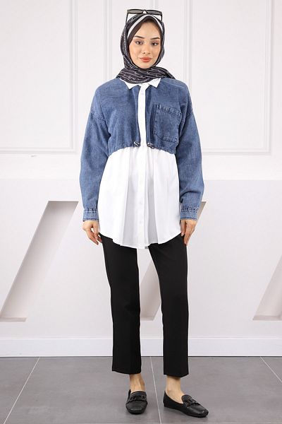 İmajButik Cămașă cu garnitură din denim albastru închis