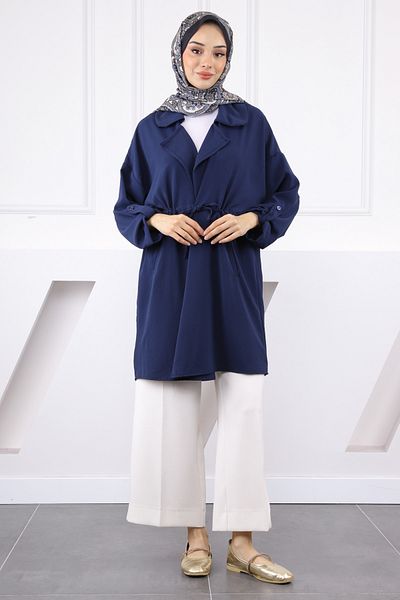 İmajButik Navy Blue Double Breasted Collar Shirred Jacket