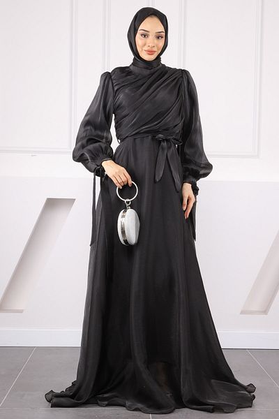 İmajButik Βραδινό φόρεμα σιφόν με μαύρο μανίκι με μπαλόνι