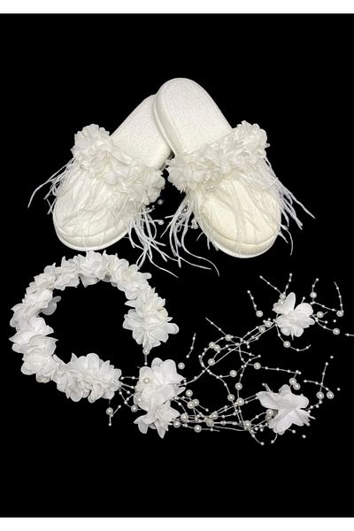 Massaltay White Feathered Floral Mother's Maternity Slippers and Maternity Crown