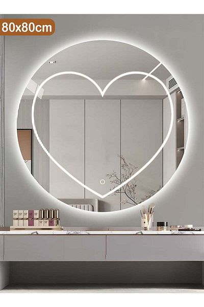 Taimi Heart Shaped Round Mirror with 3 Colors LED Light Wall Mounted Mirror for Bathroom Bedroom 80cm