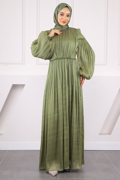 İmajButik Βραδινό φόρεμα από σιφόν με μανίκια χακί