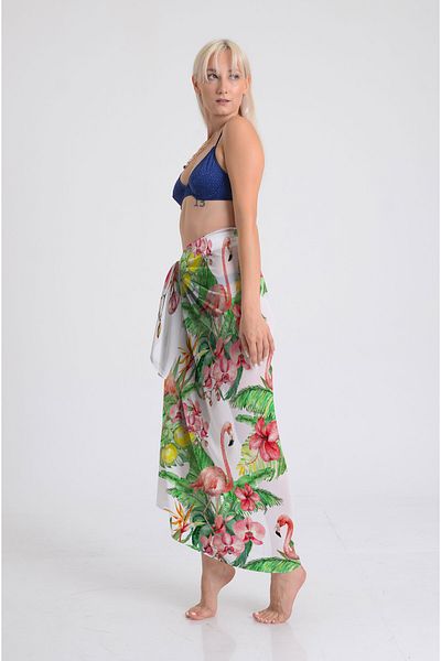DESENİX Flamingo and Tropical Leaves Pattern Pareo - 100X145 cm - Silky Chiffon & Luxury Satin Fabric Option