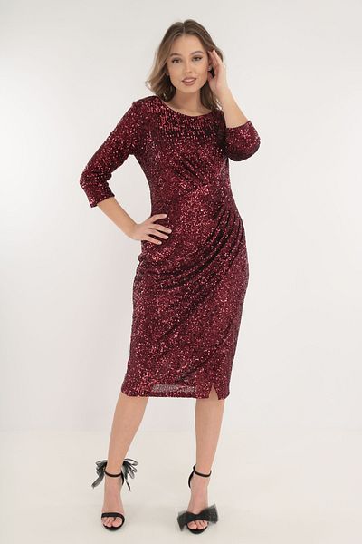 cupper Burgundy sequined occasion dress with ruffles at the waist