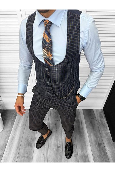 dehaine Men's suit, pants plus vest, navy blue, 13154