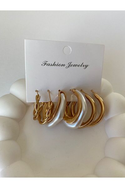 marsel aksesuar Special Series Gold Twist Detail White Triple Earring Set
