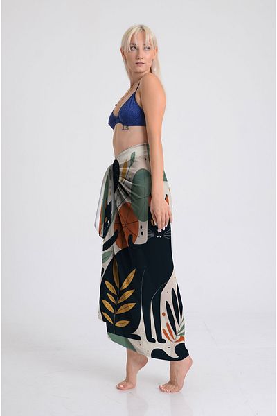 DESENİX Mystic Cat Print Pareo - 100X145 cm - Silky Chiffon & Luxury Satin Fabric Option - Beach Dress